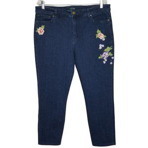 LRL Ralph Lauren Size 16 Jeans Premier Skinny Crop Denim Floral Applique Cropped